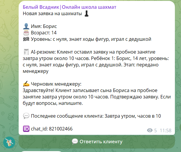 ИИ-резюме заявки в Telegram